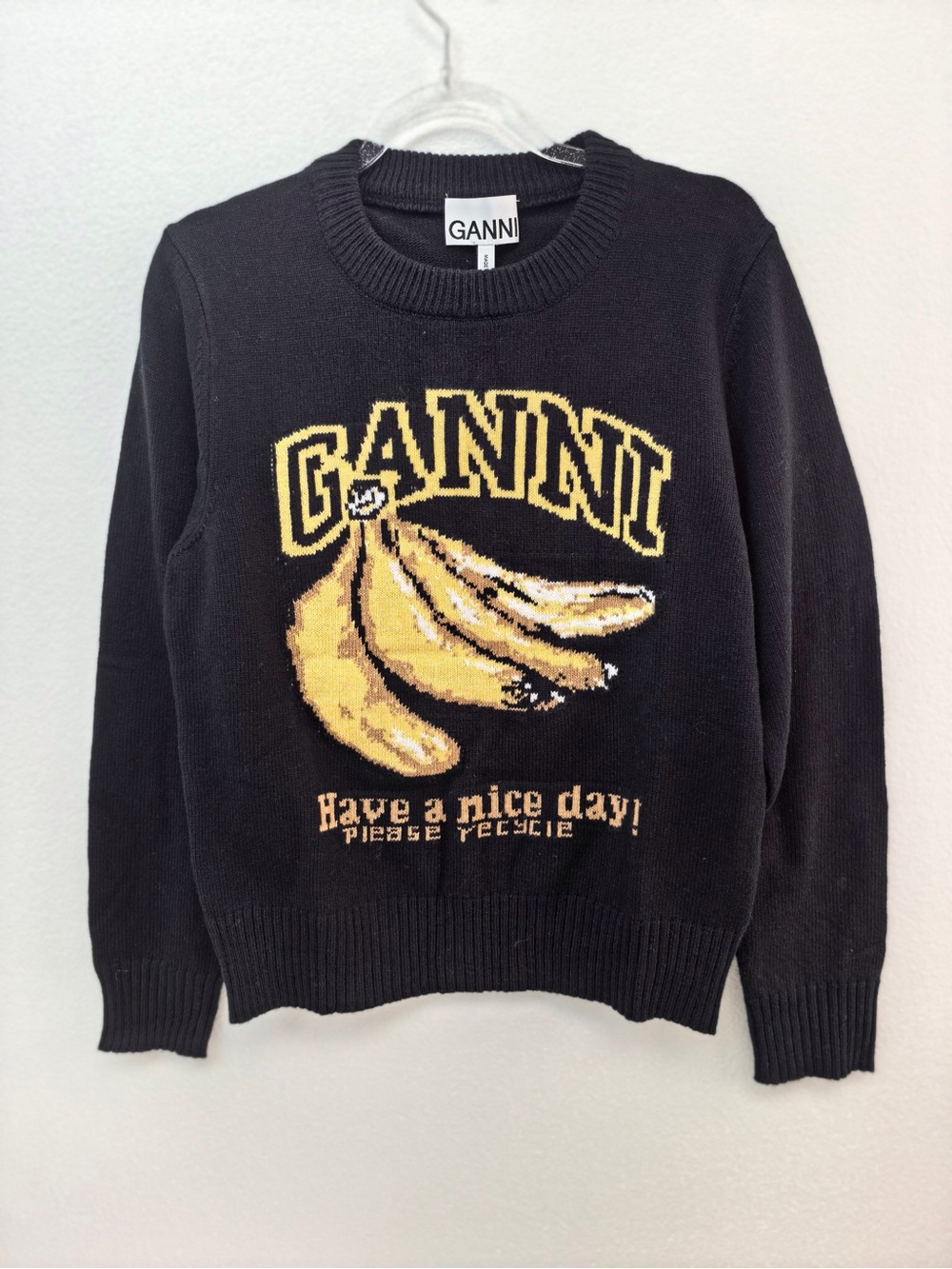 Ganni Black Sweater with Yellow Banana Motif